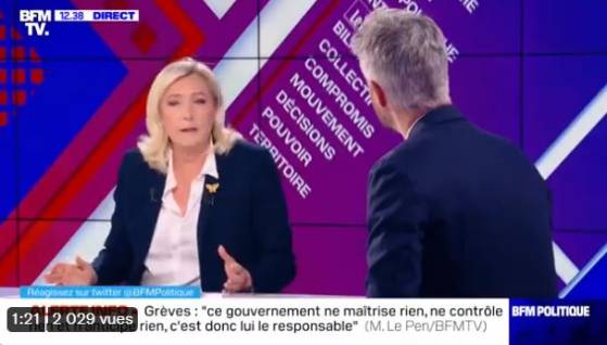Un sondage révèle que si l'élection présidentielle se déroulait aujourd'hui, Marine Le Pen serait en tête du premier tour avec 30% des suffrages, devant Emmanuel Macron