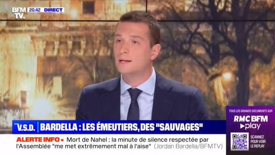 Jordan Bardella (RN) : « Quand on tire sur des forces de l'ordre, brûle des écoles, des bibliothèques, on n’est pas une victime de la société ou de la pauvreté  (...) J’ai grandi dans une cité HLM du 93 élevé par une mère au smic »