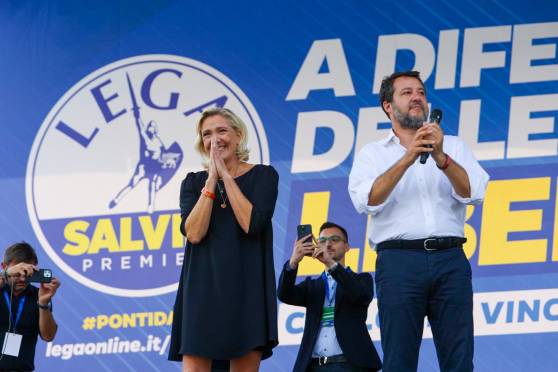 Marine Le Pen en déplacement à Pontida, en Italie, aux côtés de Matteo Salvini