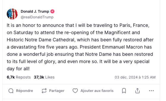 Donald Trump annonce qu’il se rendra à Paris le 7 décembre pour assister à la réouverture de Notre-Dame de Paris